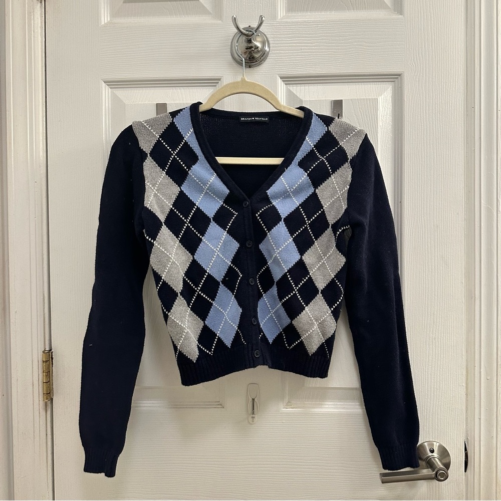Brandy Melville Women's Argyle Cardigan Sweater - Navy and Light Blue